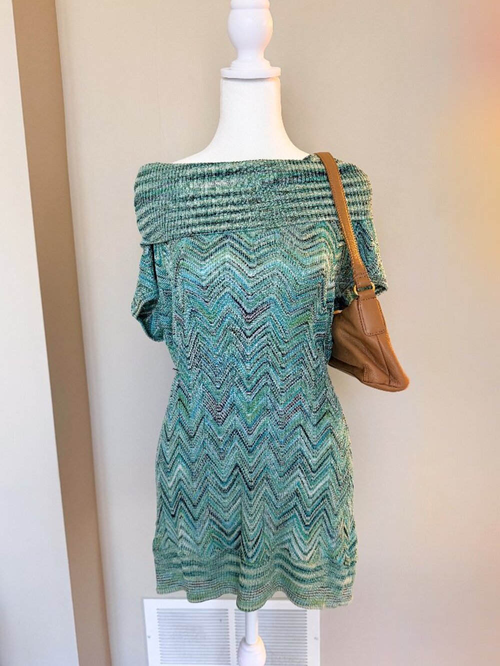 INC Green Metallic Short Sleeve Cowl Neck Dress- Size Petite Large